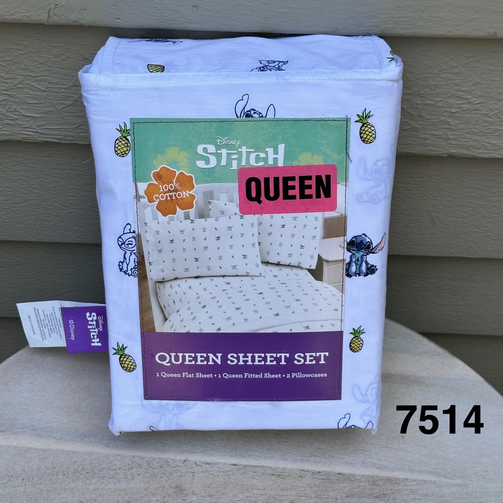 Disney Lilo & Stitch Queen Sheet Set 100% Cotton White Pineapple 4 Piece New